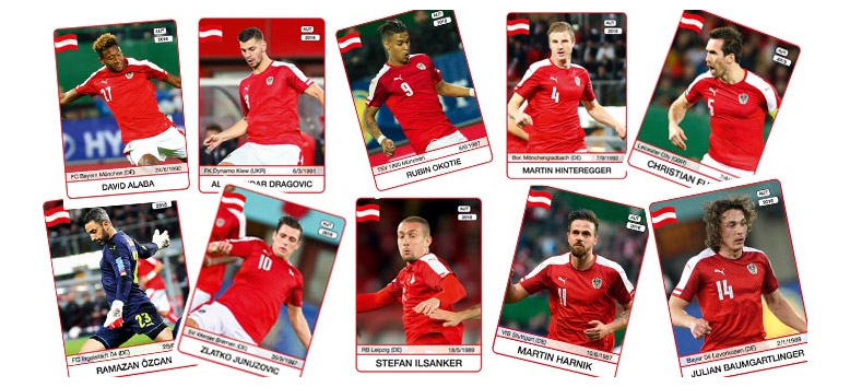 Panini Sticker von 10 österreichischen Fussballern