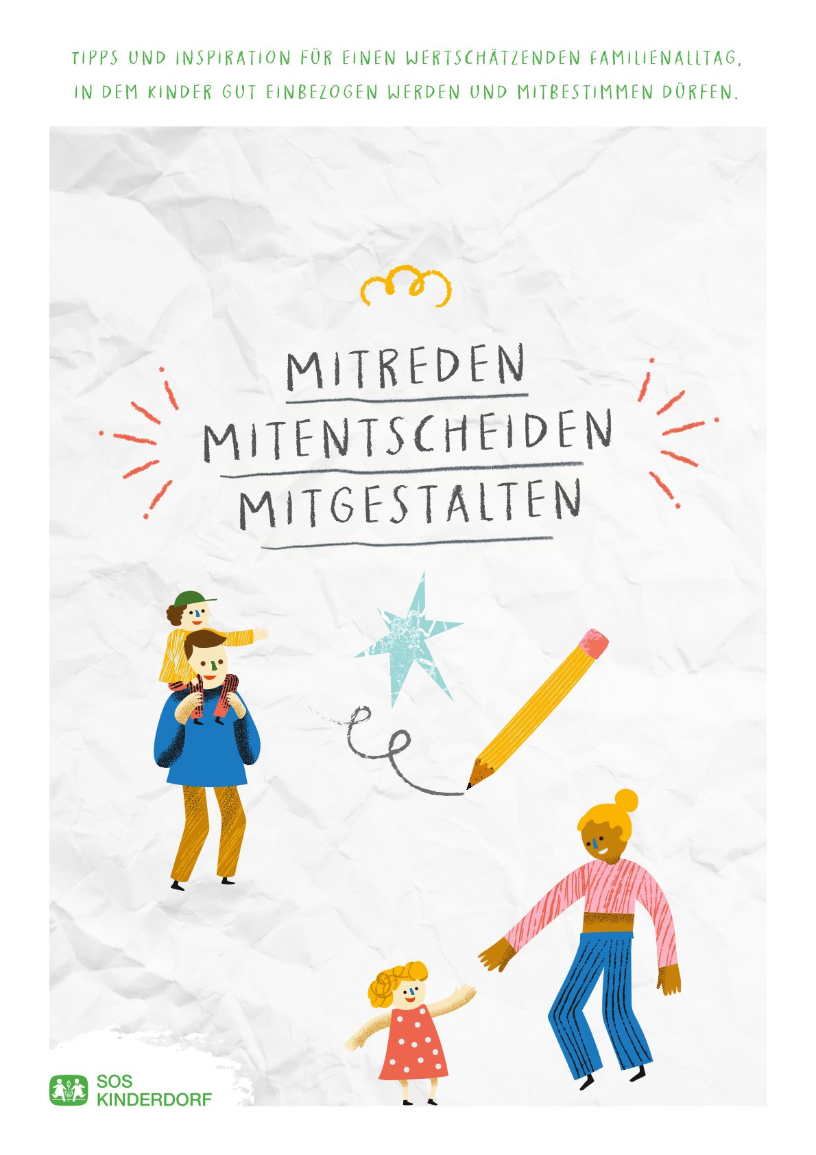 Titelbild in weiß mit bunten Grafiken und dem Text: Mitreden, Mitentscheiden, Mitgestalten.