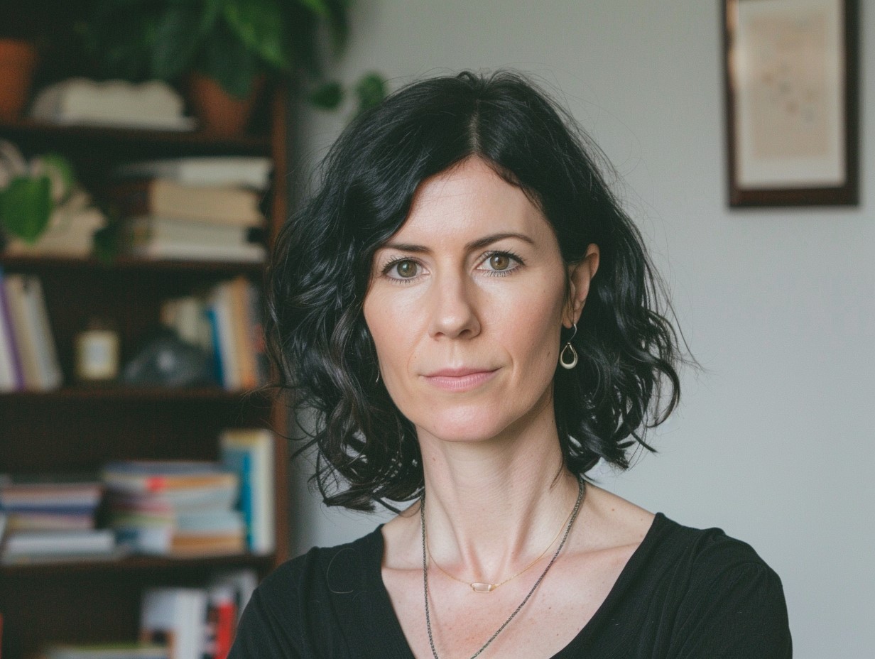 geschminkte Frau, Mitte 40, mit Locken und einem leichtem lächeln im Gesicht, vor einem Bücherregal mit Bücher und Pflanzen