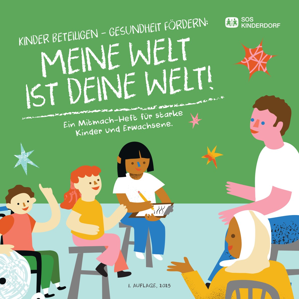 Titelbild in grün mit bunten Grafiken von sitzenden Kindern, einem kurzen Beschreibungstext und dem Titel.