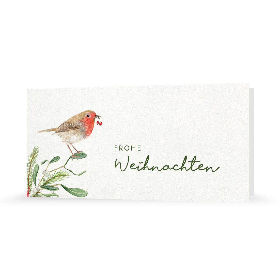 Mock-up einer schmalen rechteckigen Weihnachtskarte Außenansicht mit einer Zeichnung von einem Rotkehlchen auf einem Mistelzweig und Schriftzug "Frohe Weihnachten"