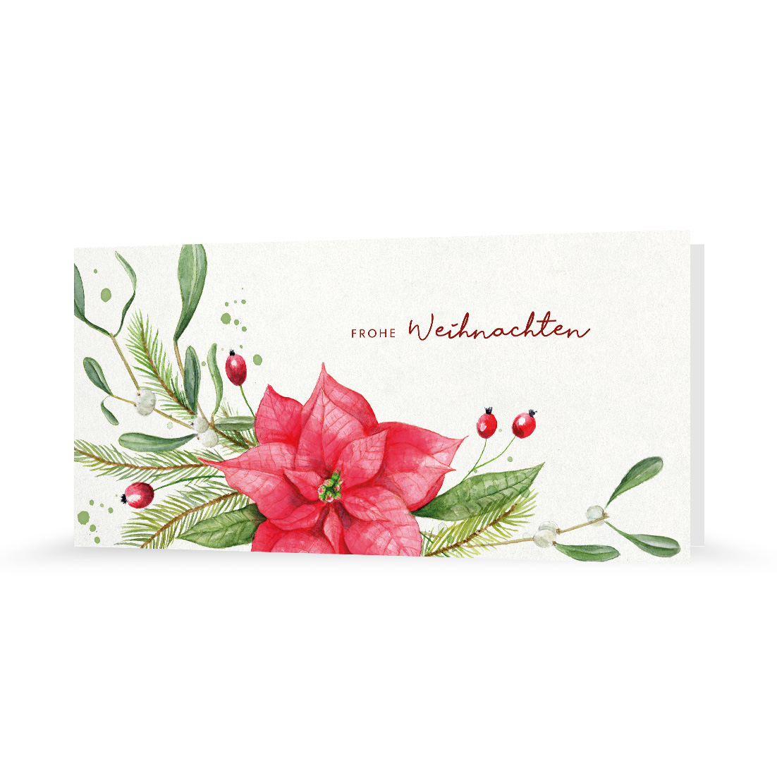 Mock-up einer schmalen rechteckigen Weihnachtskarte Außenansicht mit einer Zeichnung von verschiedenen winterlichen Pflanzenund Schriftzug "Frohe Weihnachten"