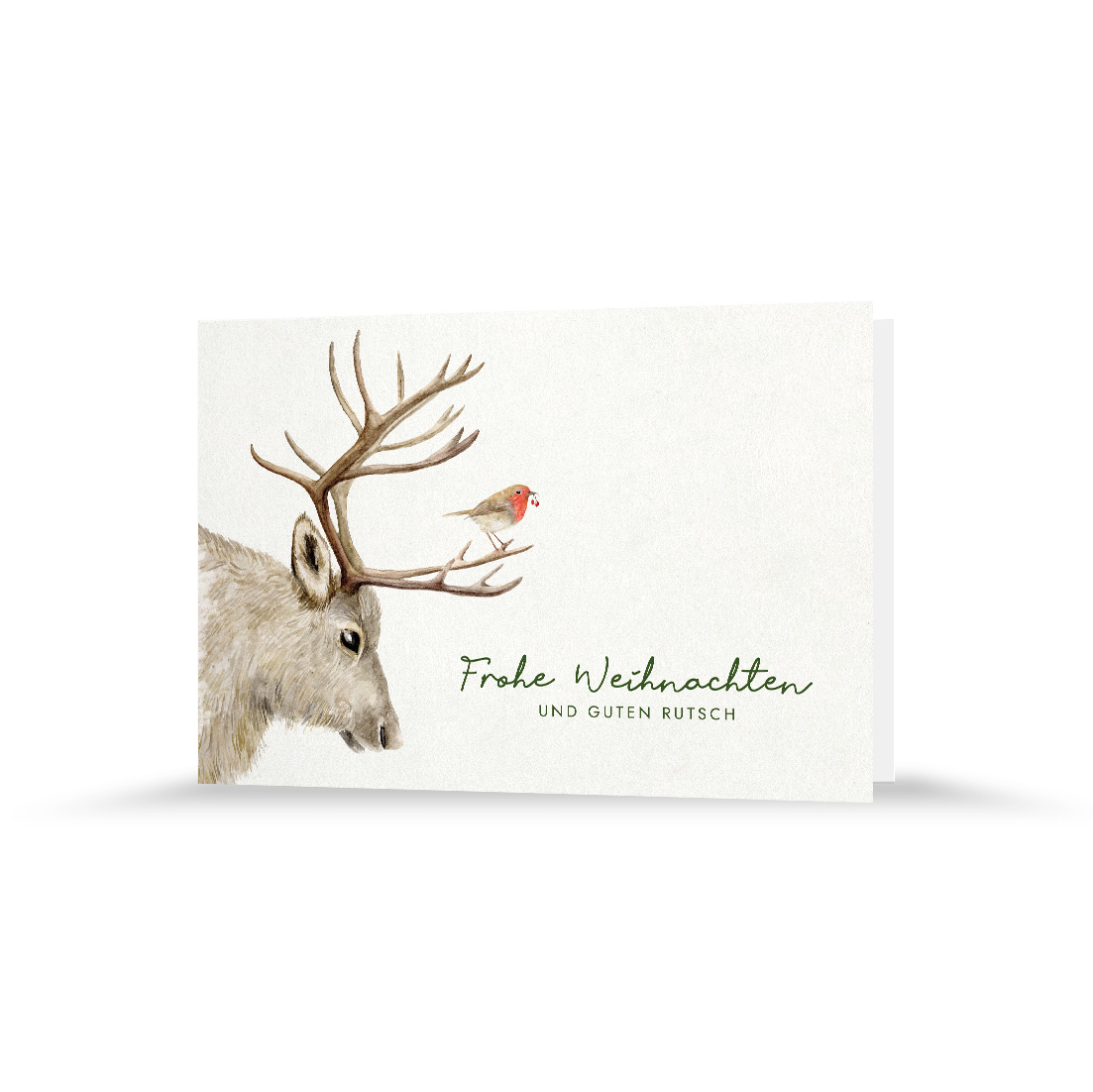 Mock-up einer rechteckigen Weihnachtskarte Außenansicht mit einer Zeichnung eines Hirschs mit Vogel und geschwungenem Schriftzug "Frohe Weihnachten", darunter in Blockschrift "und guten Rutsch"