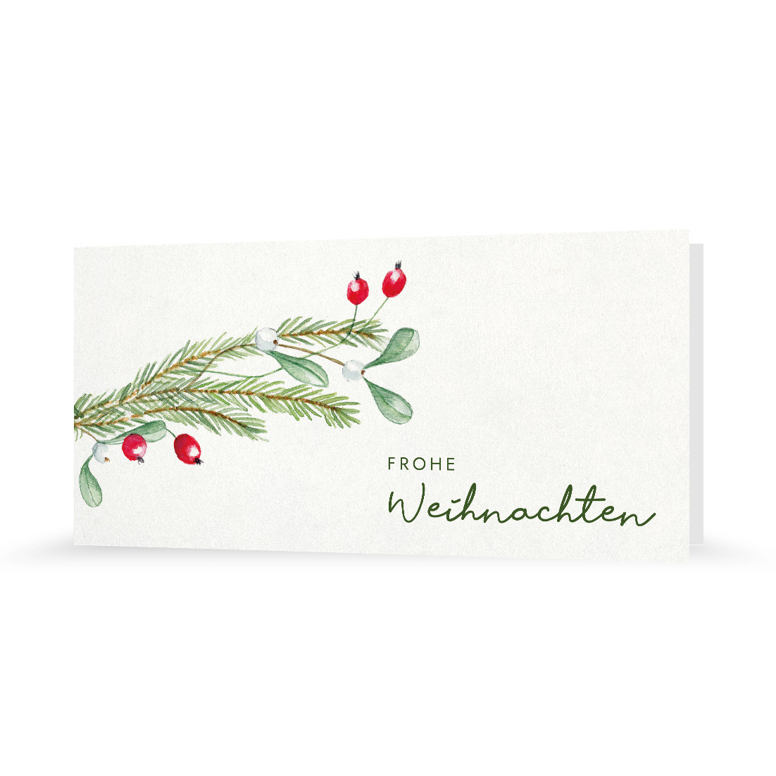 Mock-up einer schmalen rechteckigen Weihnachtskarte Außenansicht mit einer Grafik aus zwei Zweigen und Schriftzug "Frohe Weihnachten"