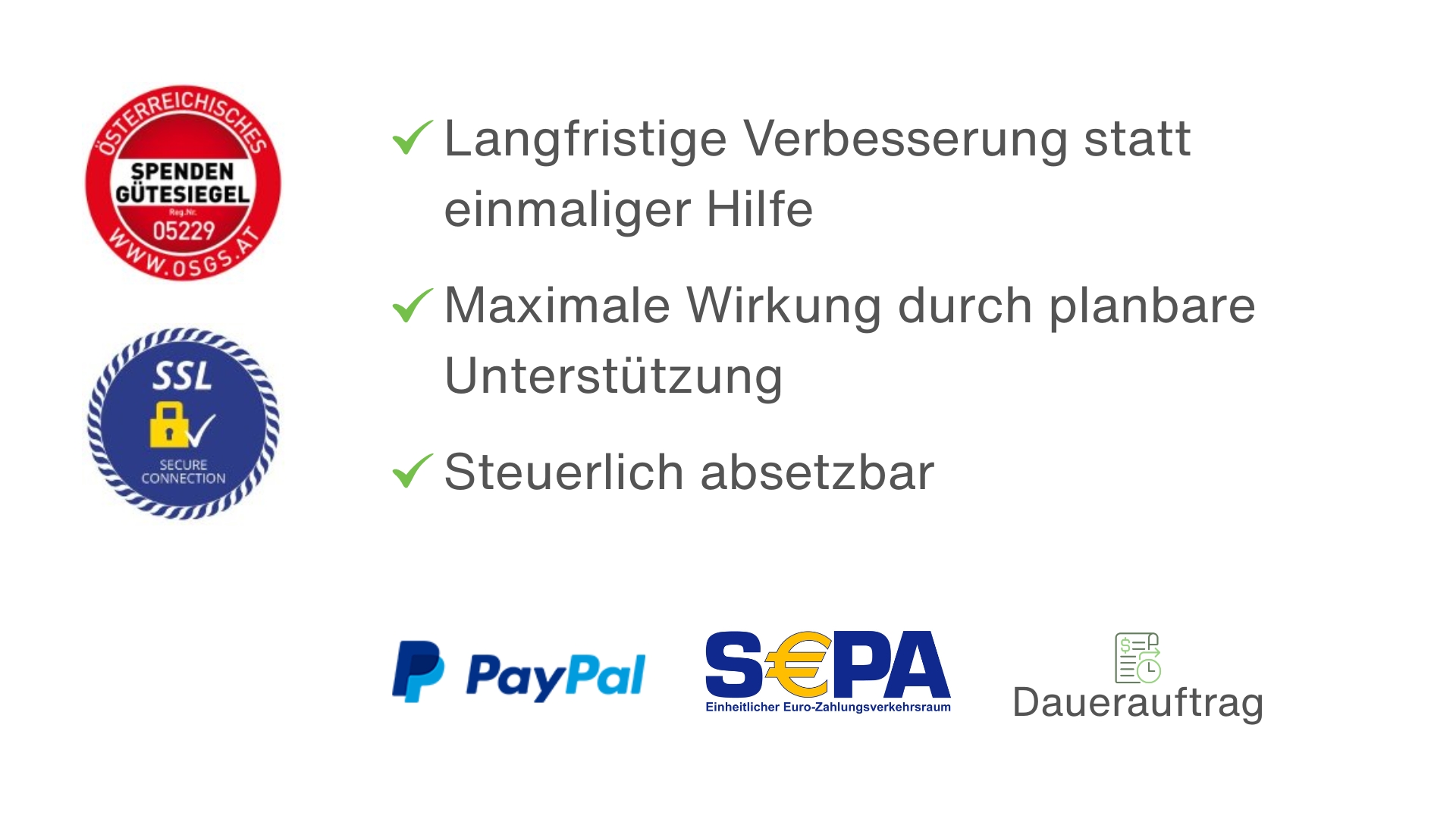 Spendengütesiegel, SSL-Siegel und Wirkung: Langfristige Verbesserung statt einmaliger Hilfe, Maximale Wirkung durch planbare Unterstützung und steuerlich absetzbar; Paypal Logo, SEPA-Logo und Icon für Dauerauftrag